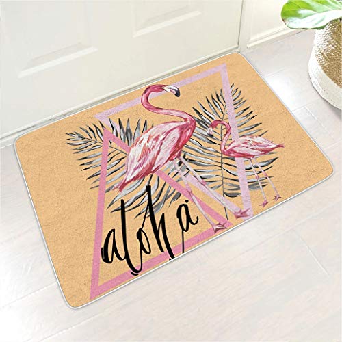 Fußmatte Fussmatte Rosa Aloha Flamingo Palmblatt 3D Print Bodenmatte Innen Bad Teppiche Waschbar Polyester Türmatte Schmutzfangmatte für Esszimmer Dekor White 60x90 cm von AXGM
