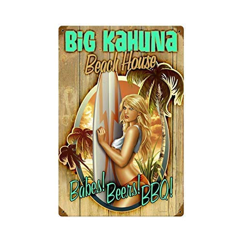 Vintage Big Kahuna Beach House BAB Beer and BBQ Pin Up Girl Poster Metall Aluminium Blechschild 20,3 x 30,5 cm Wanddekoration von AXHNG