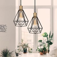 2er Pendelleuchte Diamant, 1 Flammig Kronleuchter mit Ø20cm Käfig, Hängelampe im Retro Look Bronze Fassung für Wohnzimmer Esszimmer (Schwarz) von AXHUP