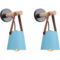 2er Wandleuchte aus Holz Innen, Moderne Wand Lampe mit Leder Lampenschirm, Eisen Wandbehang Lampe für Schlafzimmer Wohnzimmer Korridor (Blau) von AXHUP