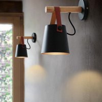 Wandleuchte aus Holz Innen, Moderne Wand Lampe mit Leder Lampenschirm, Eisen Wandbehang Lampe für Schlafzimmer Wohnzimmer Korridor Schwarz 2PCS von AXHUP