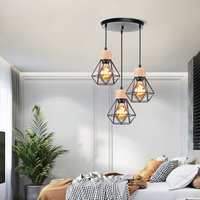 3-flammige Kronleuchter Industrial Hängeleuchte in Rautenform Schirm Design Deckenleuchte aus Metall und Holz für Wohnzimmer Küche Schlafzimmer von AXHUP