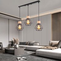 3-flammige Kronleuchter Pendelleuchte aus Metall und Holz Deckenleuchte Industrielle Retro in Rautenform Hängeleuchte E27 für Esszimmer Schlafzimmer von AXHUP