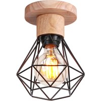 Deckenlampe, Ø16cm Deckenleuchte im Industrial Design, Eisen Diamant Lampe mit Käfig für Wohnzimmer Schlafzimmer Schwarz + Holzfarbe 1PCS von AXHUP