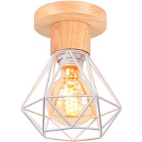 Deckenlampe, Ø16cm Deckenleuchte im Industrial Design, Eisen Diamant Lampe mit Käfig für Wohnzimmer Schlafzimmer Weiß + Holzfarbe 1PCS von AXHUP