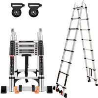 Mehrzweck-Aluminiumleiter 5M (2,5M + 2,5M) Trittleiter Teleskopisch Haushaltsleiter aus Aluminium mit 2 Rädern von AXHUP