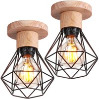 Axhup - Deckenlampe, Ø16cm Deckenleuchte im Industrial Design, Eisen Diamant Lampe mit Käfig für Wohnzimmer Schlafzimmer Schwarz + Holzfarbe 2PCS von AXHUP