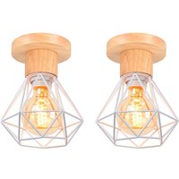 Axhup - Deckenlampe, Ø16cm Deckenleuchte im Industrial Design, Eisen Diamant Lampe mit Käfig für Wohnzimmer Schlafzimmer Weiß + Holzfarbe 2PCS von AXHUP