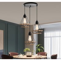 Pendelleuchte 3 Flammig Hanf Seil Hängelampe mit Käfig Ø20cm Diamant Form Lampen im Industri Stil für für Wohnzimmer Esszimmer (Schwarz) von AXHUP