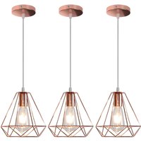 Pendelleuchte Vintage Retro Metall Kronleuchter im Ø20cm Diamant-form, Antik Industrielle Hängelampe mit Käfig E27 Fassung Roségold 3PCS von AXHUP