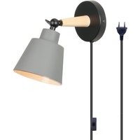 Wandleuchte mit EU-Stecker, Moderne Wandlampe Innen mit Lampenschirm im Metall & Holz, Wandstrahler Art Licht Decor für Wohnzimmer Schlafzimmer Grau von AXHUP