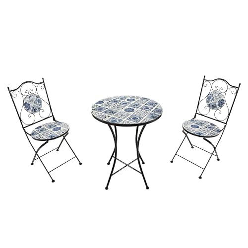 AXI Amélie Bistroset 3-teilig mit Mosaik Design Delftblau | Bistrotisch mit 2 Stühlen | Bistro Gartenmöbel Set für Garten/Balkon/Terrasse | Balkonset/Sitzgruppe. von AXI