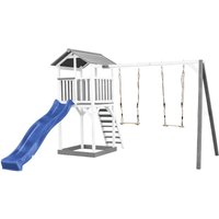 AXI - Beach Tower Spielturm aus Holz in Weiß & Grau Spielhaus für Kinder mit blauer Rutsche, Doppelschaukel und Sandkasten Stelzenhaus für den Garten von AXI