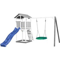 Beach Tower Spielturm aus Holz in Weiß & Grau Spielhaus für Kinder mit blauer Rutsche, Summer Nestschaukel und Sandkasten Stelzenhaus für den Garten von AXI