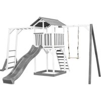 Beach Tower Spielturm aus Holz in Weiß & Grau Spielhaus für Kinder mit grauer Rutsche, Klettergerüst, Schaukel und Sandkasten Stelzenhaus für den von AXI