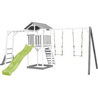 Beach Tower Spielturm aus Holz in Weiß & Grau Spielhaus für Kinder mit hellgrüner Rutsche, Klettergerüst, Doppelschaukel und Sandkasten Stelzenhaus von AXI