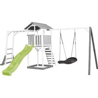 AXI Beach Tower Spielturm aus Holz in Weiß & Grau Spielhaus für Kinder mit hellgrüner Rutsche, Klettergerüst, Roxy Nestschaukel und Sandkasten von AXI