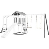 Beach Tower Spielturm aus Holz in Weiß & Grau Spielhaus für Kinder mit weißer Rutsche, Klettergerüst, Doppelschaukel und Sandkasten Stelzenhaus für von AXI