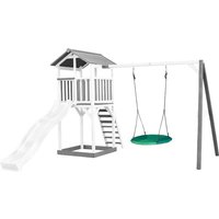 Beach Tower Spielturm aus Holz in Weiß & Grau Spielhaus für Kinder mit weißer Rutsche, Summer Nestschaukel und Sandkasten Stelzenhaus für den Garten von AXI