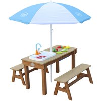 AXI Dennis Sand & Wasser Picknicktisch mit Spielküchenspüle und Bänken Braun - Sonnenschirm Blau/Wei von AXI