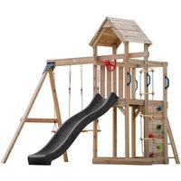 Moos Spielturm aus Holz mit 2 Schaukeln & Strickleiter xxl Spielhaus / Spielplatz für Kinder mit Kletterwand, Sandkasten & Rutsche in Grau von AXI