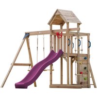 Moos Spielturm aus Holz mit 2 Schaukeln & Strickleiter xxl Spielhaus / Spielplatz für Kinder mit Kletterwand, Sandkasten & Rutsche in Lila von AXI