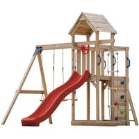 Moos Spielturm aus Holz mit 2 Schaukeln & Strickleiter xxl Spielhaus / Spielplatz für Kinder mit Kletterwand, Sandkasten & Rutsche in Rot von AXI
