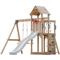 Moos Spielturm aus Holz mit 2 Schaukeln & Strickleiter xxl Spielhaus / Spielplatz für Kinder mit Kletterwand, Sandkasten & Rutsche in Weiß von AXI