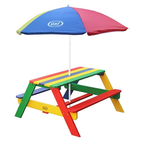 AXI Nick Kinder Picknicktisch aus Holz | Kindertisch in Regenbogen Farben mit Sonnenschirm für den Garten von AXI