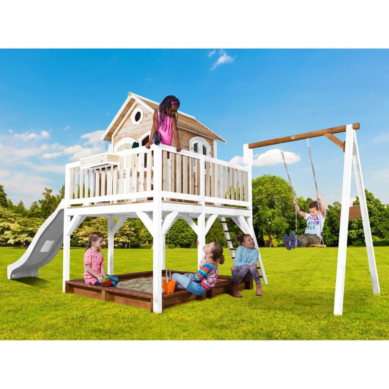 Axi Liam Spielhaus mit Einzelschaukel Braun - Weiß mit Weißer Rutsche von AXI