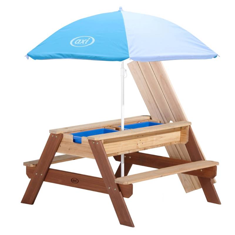 Axi Sand und Wasser Picknicktisch Nick Braun mit Sonnenschirm Blau Weiß von AXI