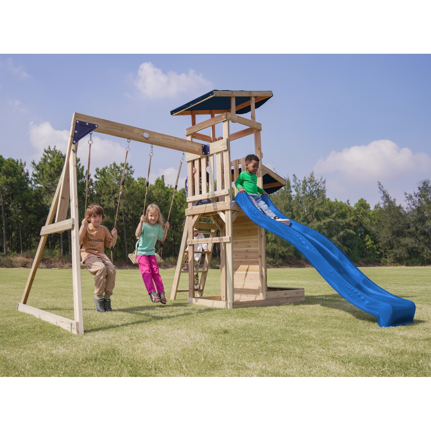 Axi Spielturm Malik mit Doppelschaukel Braun und Rutsche Blau FSC® von AXI