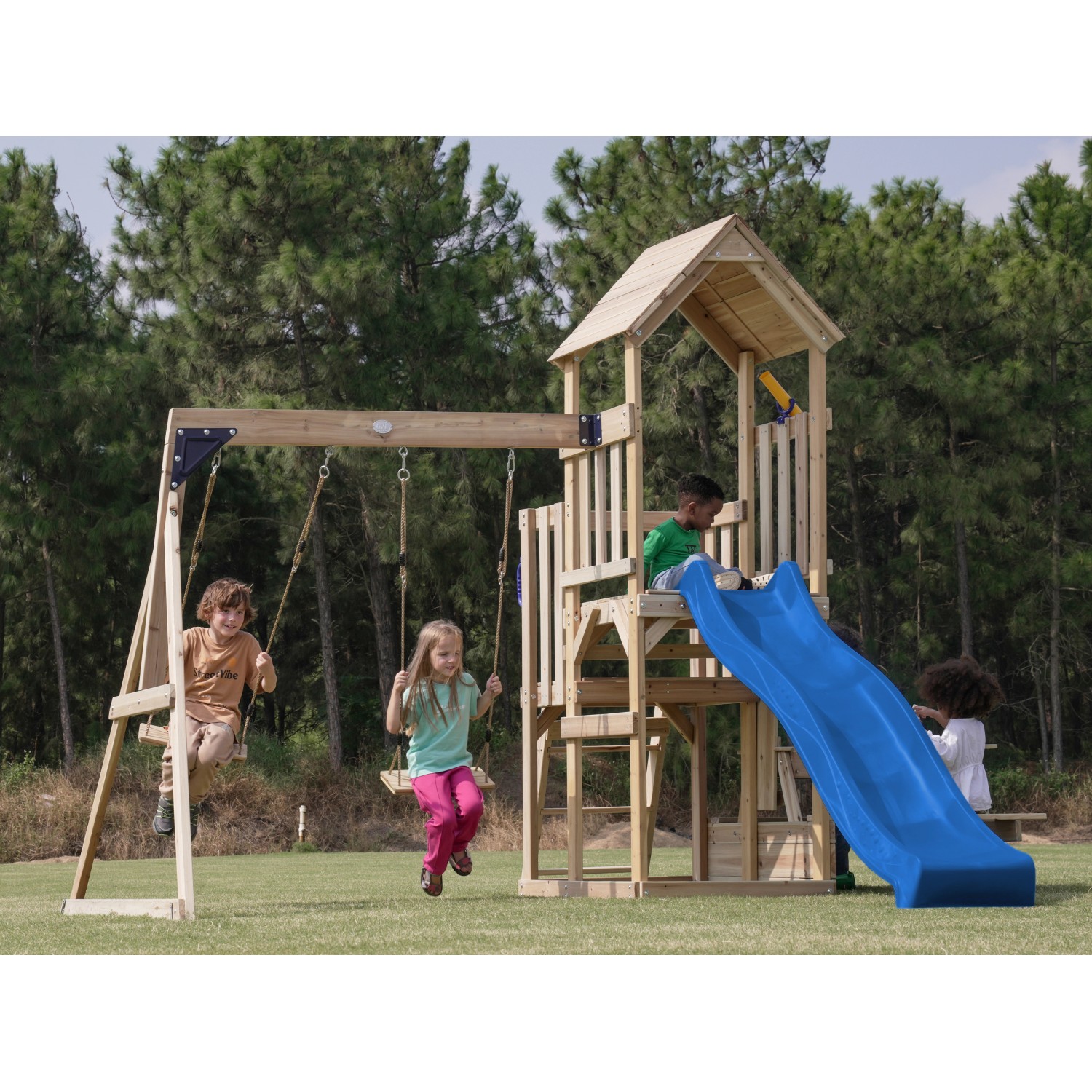 Axi Spielturm Mette mit Doppelschaukel Braun und Rutsche Blau FSC® von AXI