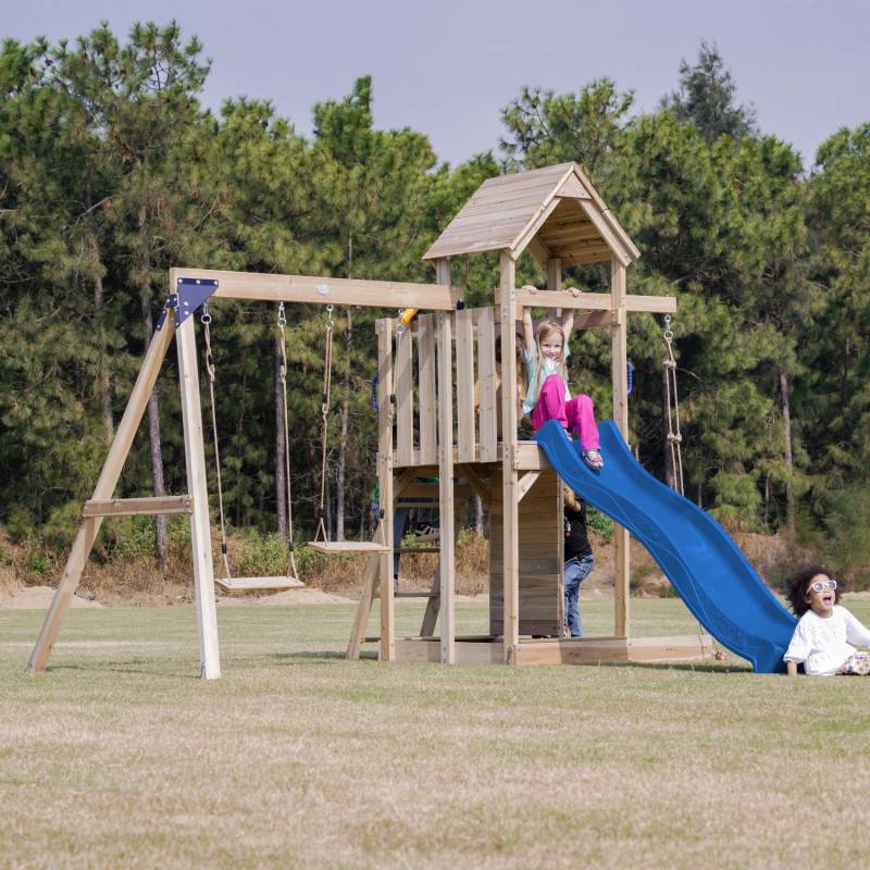 Axi Spielturm Moos mit Doppelschaukel Braun und Rutsche Blau FSC® von AXI