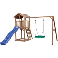 Beach Tower Spielturm aus Holz in Braun Spielhaus für Kinder mit blauer Rutsche, Summer Nestschaukel und Sandkasten Stelzenhaus für den Garten von AXI