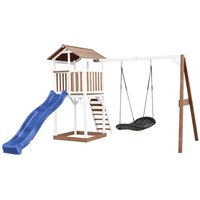 Beach Tower Spielturm aus Holz in Braun & Weiß Spielhaus für Kinder mit blauer Rutsche, Roxy Nestschaukel und Sandkasten Stelzenhaus für den Garten von AXI