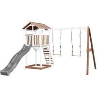 Beach Tower Spielturm aus Holz in Braun & Weiß Spielhaus für Kinder mit grauer Rutsche, Doppelschaukel und Sandkasten Stelzenhaus für den Garten von AXI