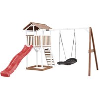 Beach Tower Spielturm aus Holz in Braun & Weiß Spielhaus für Kinder mit roter Rutsche, RoxyRoxy Nestschaukel und Sandkasten Stelzenhaus für den von AXI