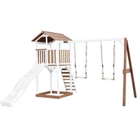 Beach Tower Spielturm aus Holz in Braun & Weiß Spielhaus für Kinder mit weißer Rutsche, Doppelschaukel und Sandkasten Stelzenhaus für den Garten von AXI