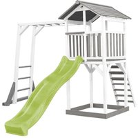 Beach Tower Spielturm aus Holz in Weiß & Grau Spielhaus für Kinder mit hellgrüner Rutsche, Klettergerüst und Sandkasten Stelzenhaus für den Garten von AXI