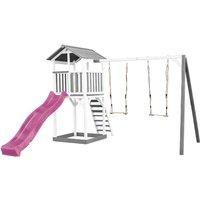 Beach Tower Spielturm aus Holz in Weiß & Grau Spielhaus für Kinder mit lila Rutsche, Doppelschaukel und Sandkasten Stelzenhaus für den Garten - Weiß von AXI
