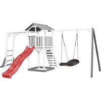 Beach Tower Spielturm aus Holz in Weiß & Grau Spielhaus für Kinder mit roter Rutsche, Klettergerüst, Roxy Nestschaukel und Sandkasten Stelzenhaus für von AXI