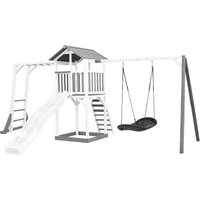 Beach Tower Spielturm aus Holz in Weiß & Grau Spielhaus für Kinder mit weißer Rutsche, Klettergerüst, Roxy Nestschaukel und Sandkasten Stelzenhaus von AXI