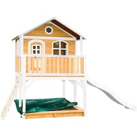 Spielhaus Marc mit Sandkasten & weißer Rutsche Stelzenhaus in Braun & Weiß aus fsc Holz für Kinder Spielturm mit Wellenrutsche für den Garten - Braun von AXI