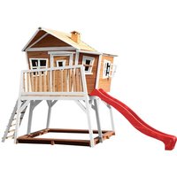 Spielhaus Max mit Sandkasten & roter Rutsche | Stelzenhaus in Braun & Weiß aus FSC Holz für Kinder | Spielturm mit Wellenrutsche für den Garten von AXI