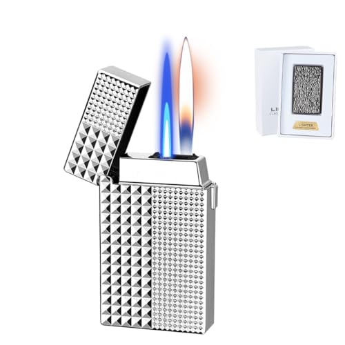 AXIASUU Intelligentes, sprachgesteuertes, winddichtes Induktions-Butan-Feuerzeug mit umschaltbarer Flamme und Zwei Zündmethoden, aufblasbares Feuerzeug mit handgeschnitztem Muster(Silver2) von AXIASUU