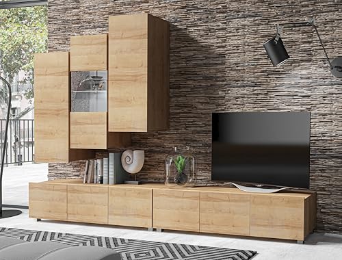 AXLIVING Anbauwand Wohnzimmer Kossana 11 – 300cm Breite Goldene Eiche von AXLIVING