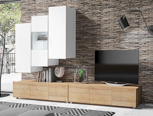 AXLIVING Anbauwand Wohnzimmer Kossana 11 – 300cm Weiß/Goldene Eiche von AXLIVING