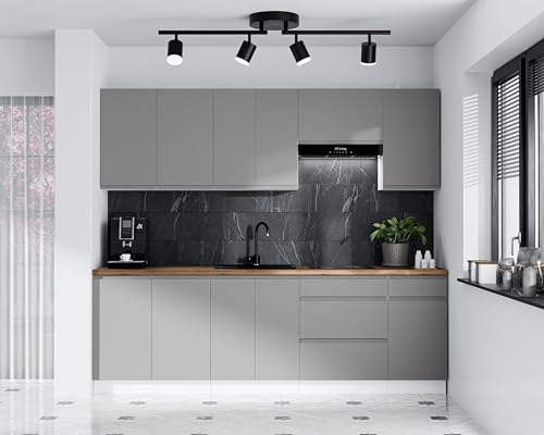 AXLIVING Aquileia Küchenzeile 240 cm – Grau mit Weißem Korpus & Artisan Eiche Platte von AXLIVING
