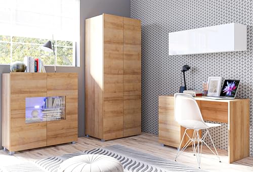 AXLIVING Büro Schrankwand Kossana 8 - Funktional Weiß/Goldene Eiche von AXLIVING